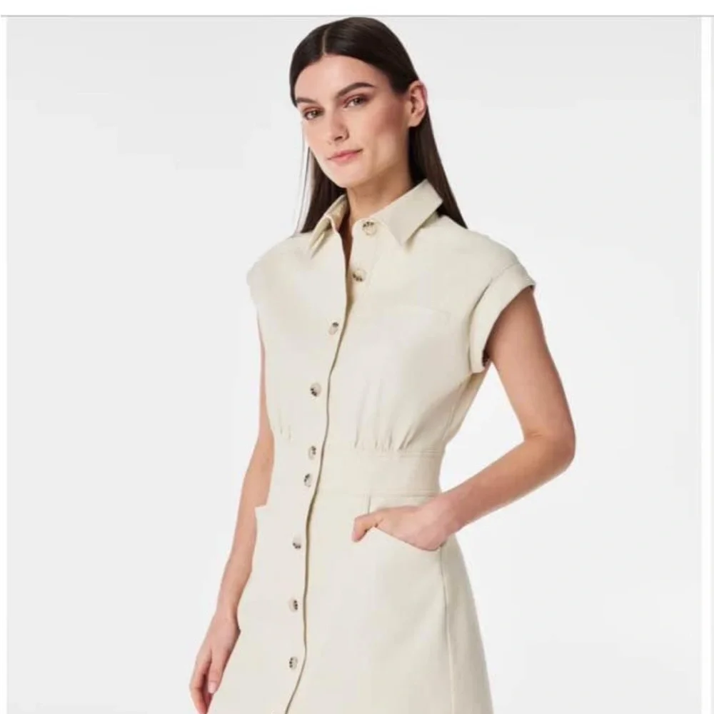 SPANX Cream Button-Up Midi Dress - Picture 1 of 5